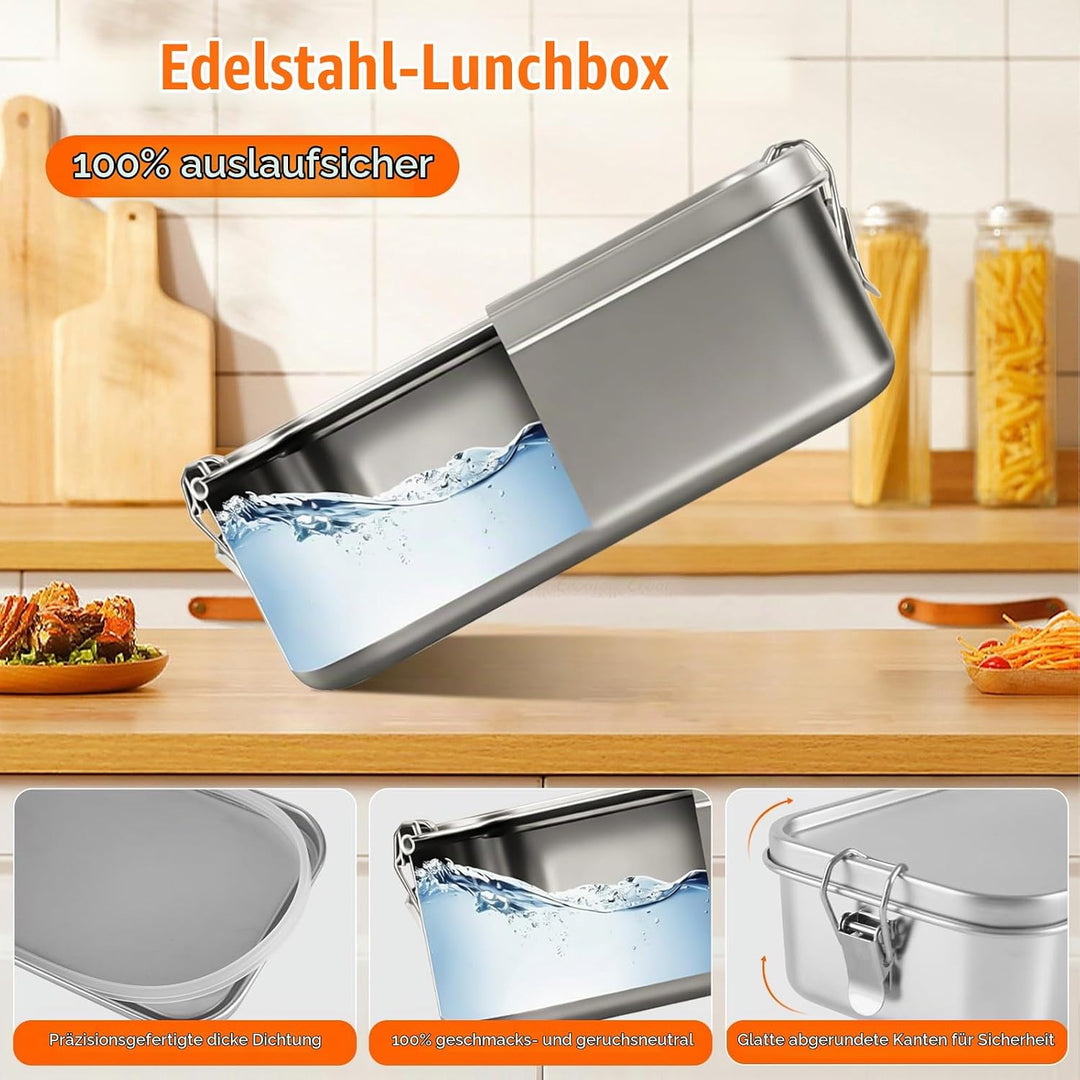 KUOGAS Brotdose edelstahl mit fächern, Auslaufsichere lunchbox mit Löffel 1000ml, Wasserdichte Nachh