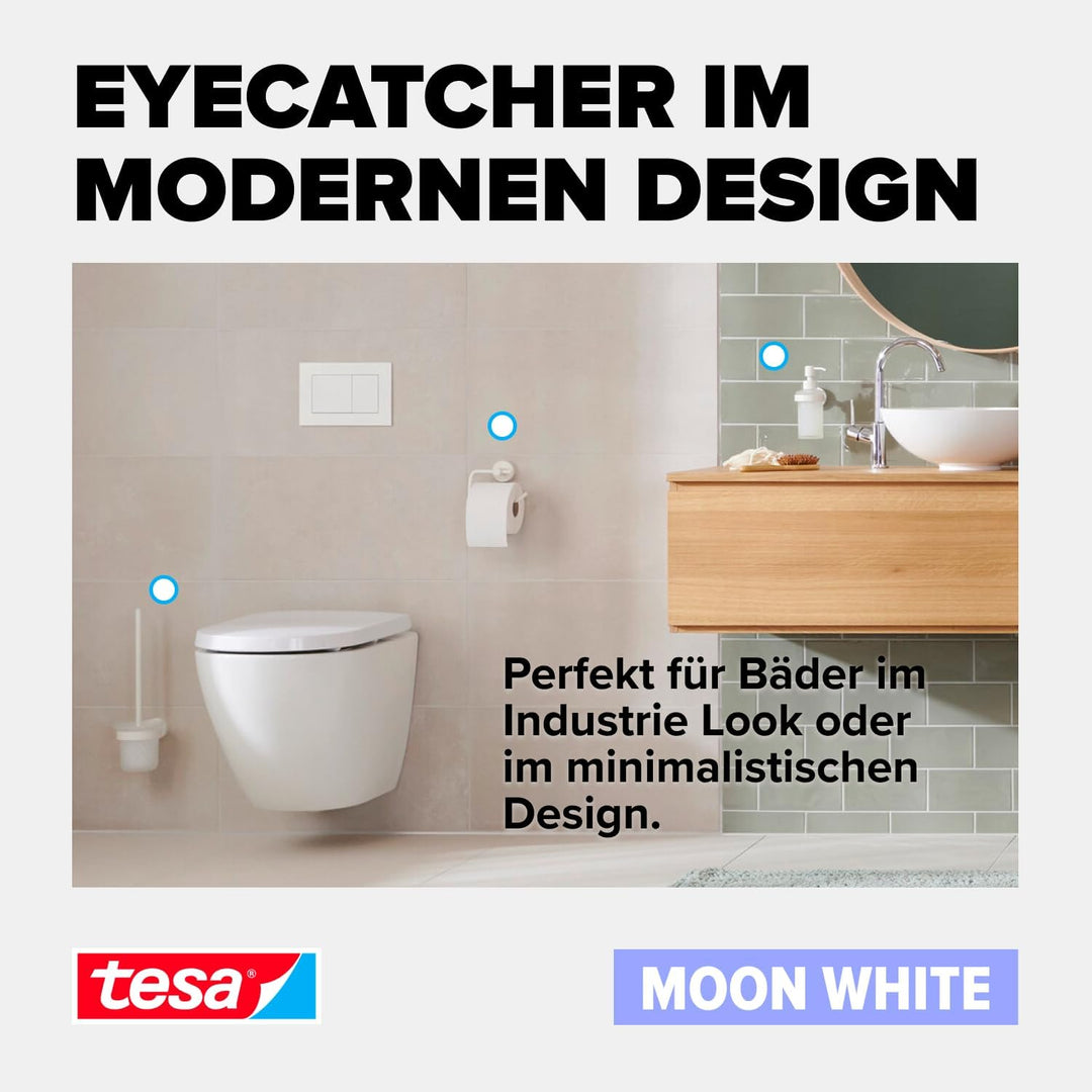 tesa MOON WHITE Duschablage zur Wandmontage ohne Bohren, weiss matt - einstöckig und extra tief - fü