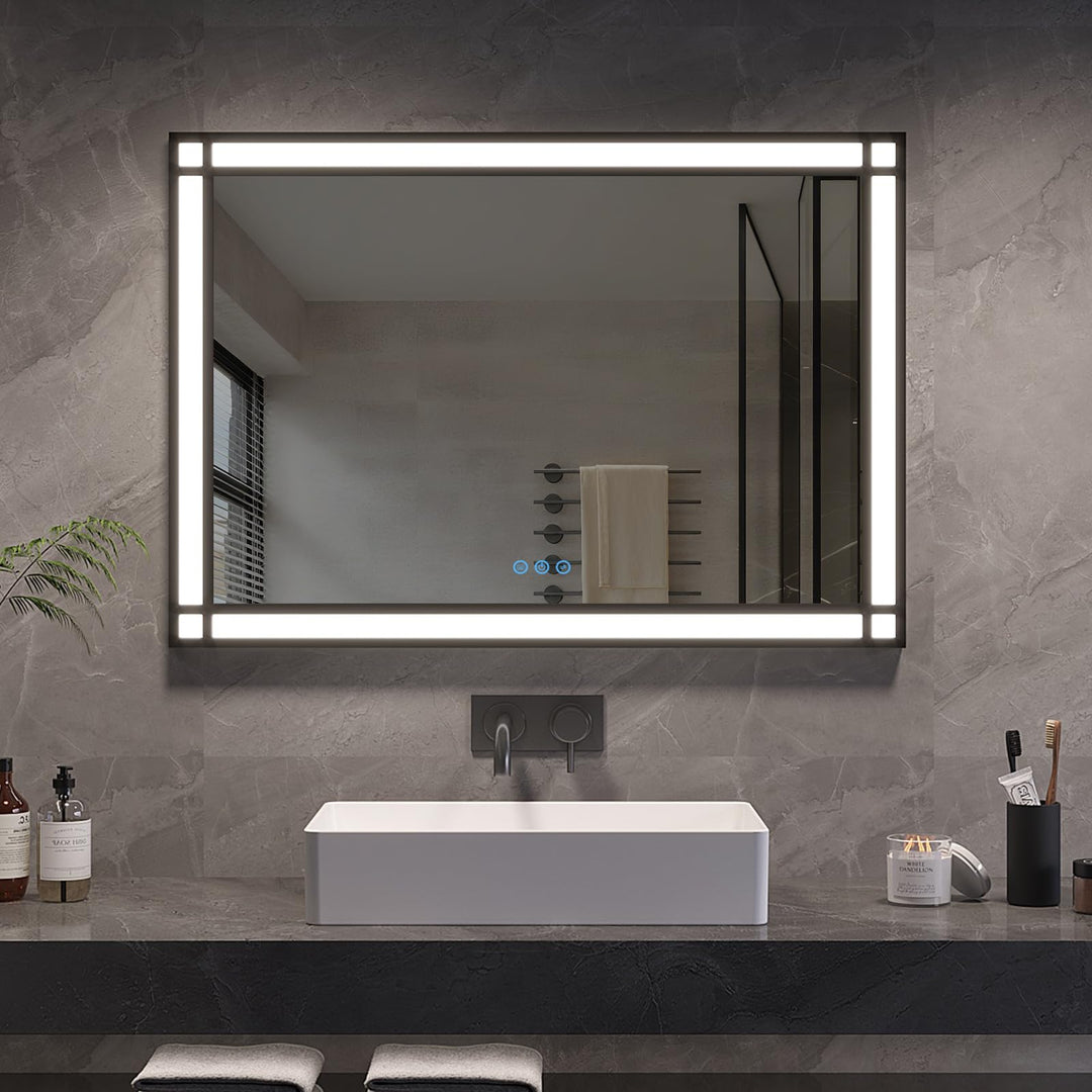 AQUABATOS Badspiegel mit Beleuchtung Schwarzer Rahmen Fensteroptik 100x70cm, Badezimmerspiegel Beleu