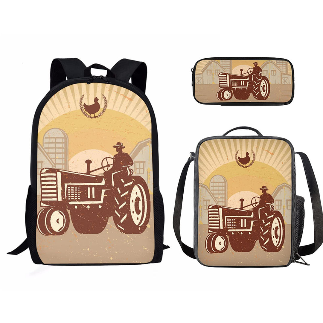 Kuiaobaty Jungen Schulrucksack Set, Panda Wolf Traktor Büchertasche Federmäppchen Mittagessen Tasche
