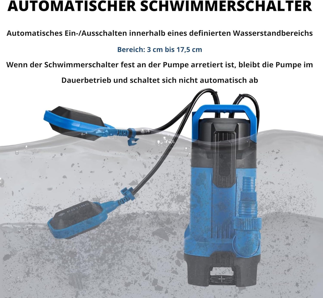 FOTING Schmutzwassertauchpumpe 550 W, 16000 l/h,Max durchlässige Partikelgrösse: 3,5 cm,Förderhöhe m