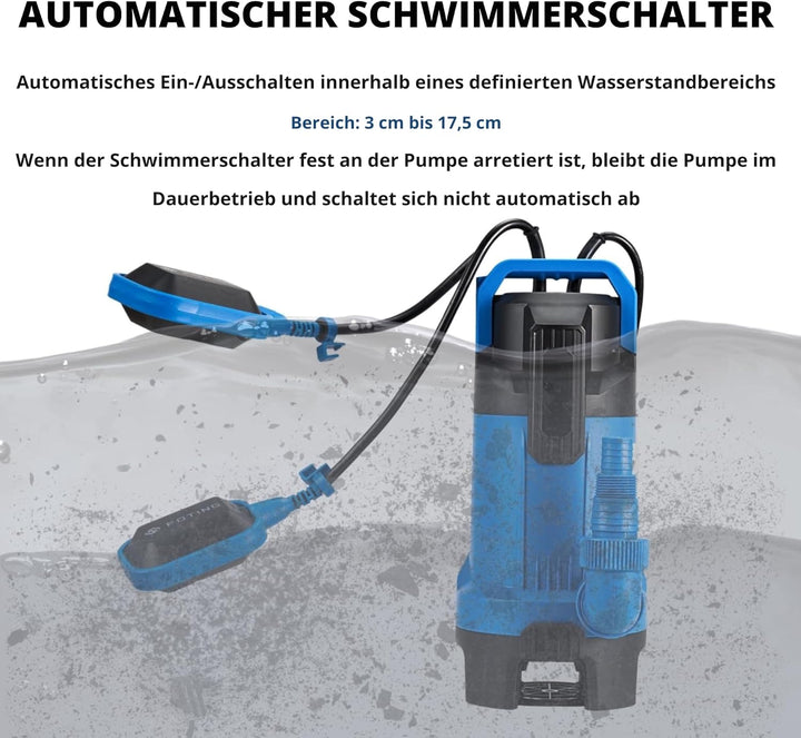 FOTING Schmutzwassertauchpumpe 550 W, 16000 l/h,Max durchlässige Partikelgrösse: 3,5 cm,Förderhöhe m