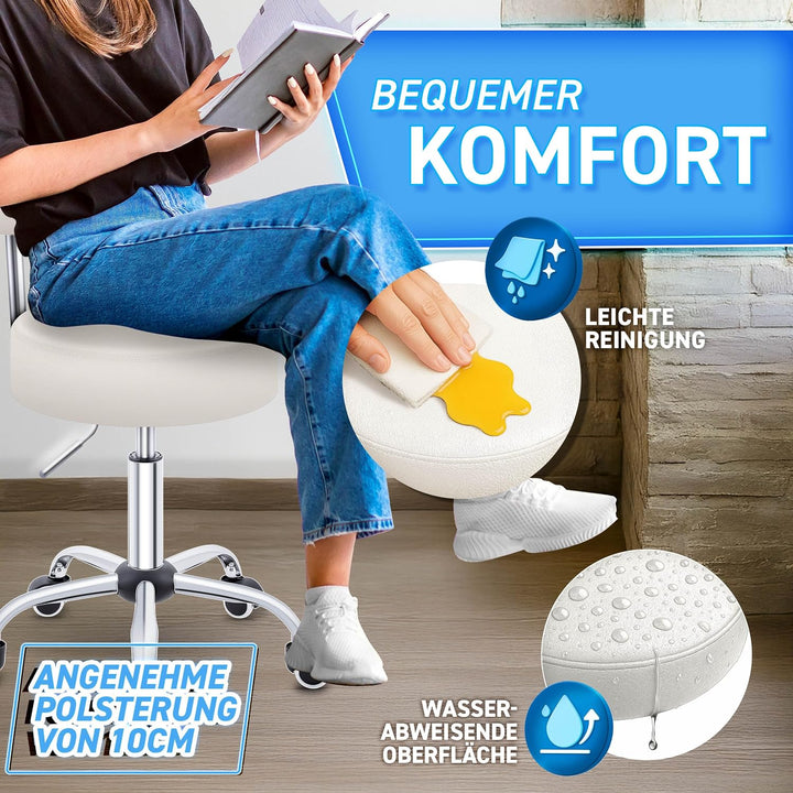 TRESKO® Rollhocker mit Lehne höhenverstellbar 10cm Dicke Polsterung Drehbar | Hocker 46-58cm | Arbei