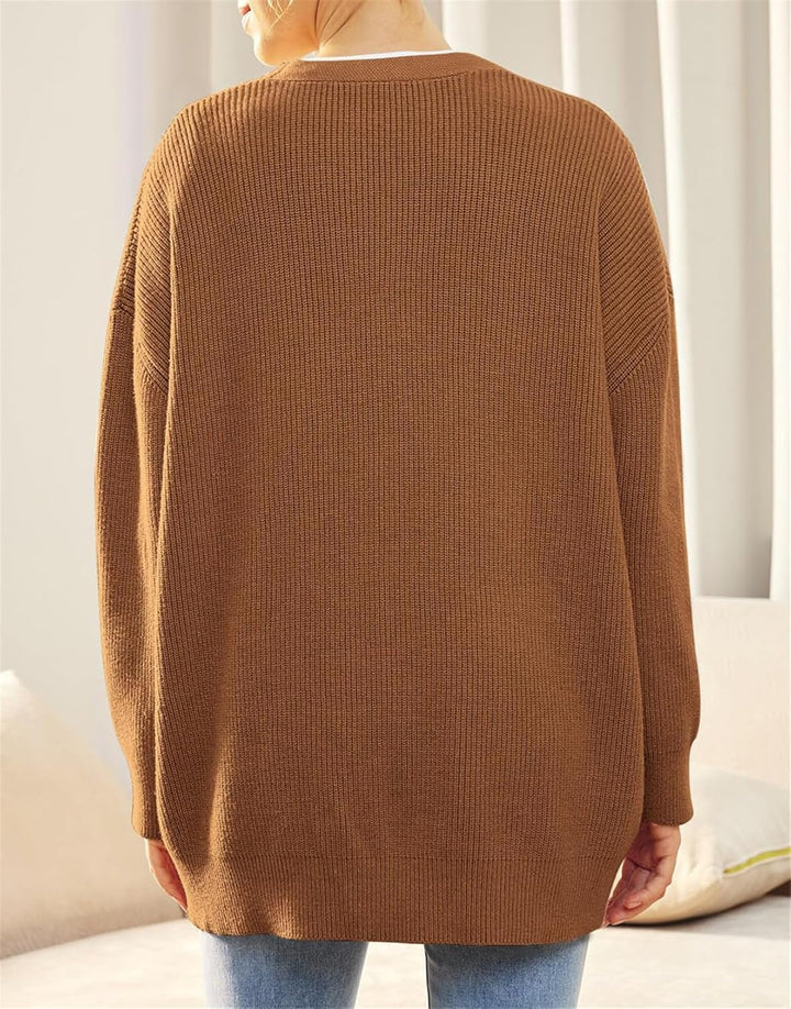 Damen Strickjacke Strick Outwear V-Ausschnitt Vorne Offen Leicht Lockere Pullover mit Knöpfen L Brau