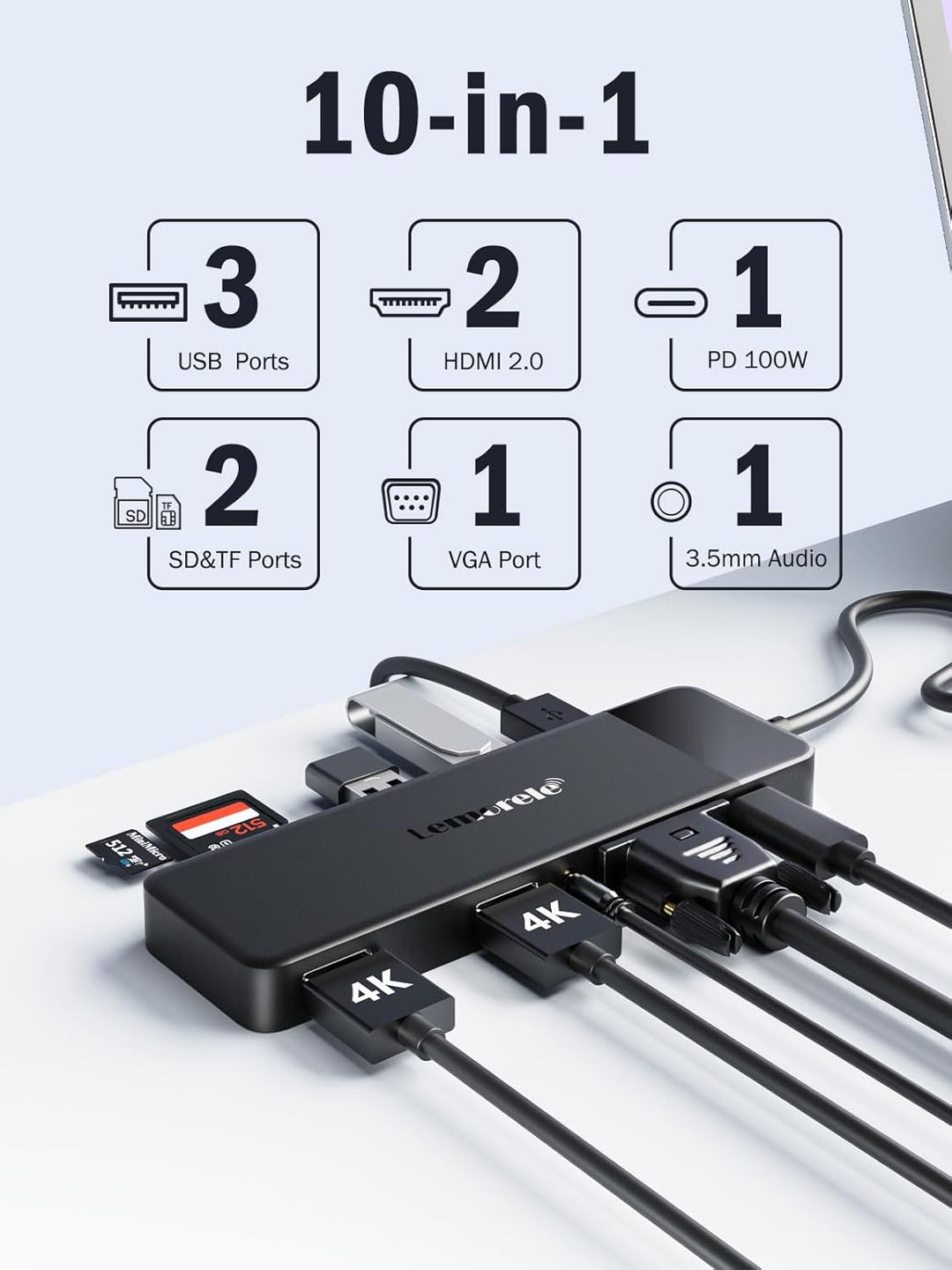 Docking Station USB C Hub 3*Display- 11 in 1, (𝟐𝟎𝟐𝟒 𝐔𝐩𝐠𝐫𝐚𝐝𝐞) Lemorele USB C Dock 2*HDMI Adapter 4K,