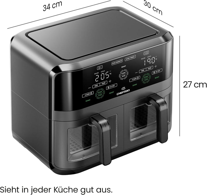 CHEFMAN 5,6 Liter Doppelkorb- Heissluftfritteuse mit Easy-View-Fenster, Sync-Finish, Hi-Fry, automat