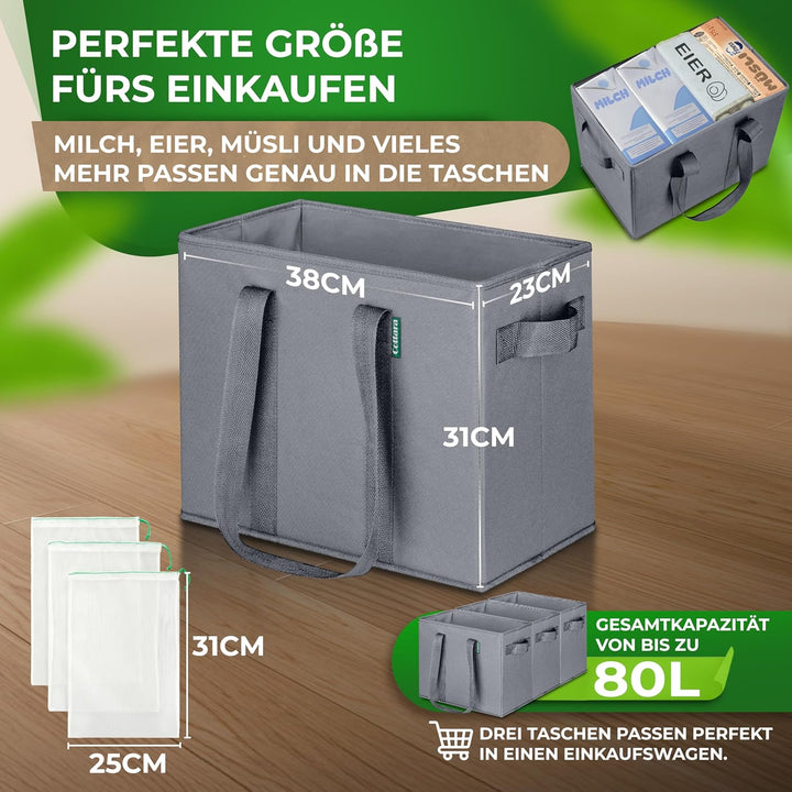 COTTARA® grosse Einkaufstasche faltbar 3er Pack & Obstnetz – stabiler grosser Einkaufskorb faltbar m