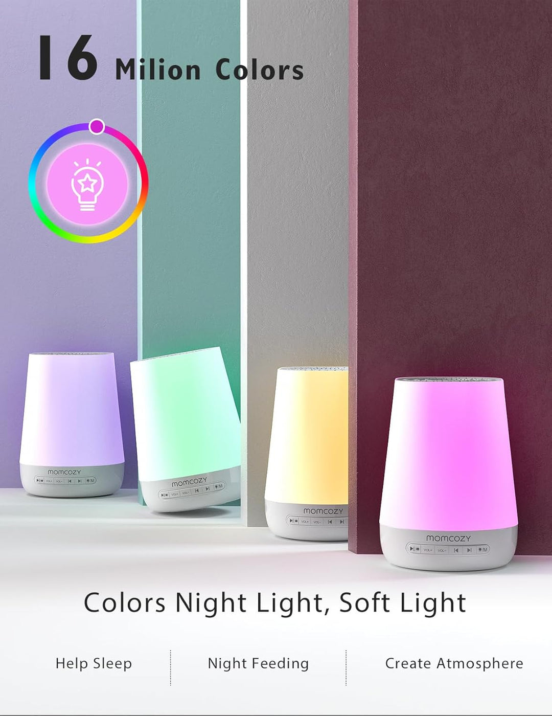 Momcozy DB03 White Noise Machine Baby, Mit 34 Geräuschen Therapy, Nachtlicht, 7 Farben APP-Steuerung