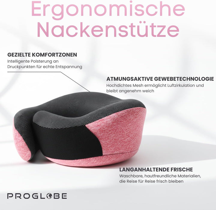 Proglobe Rosa Nackenkissen Flugzeug, Reisekissen 100% Memory Foam, Orthopädisches Nackenhörnchen, Fü