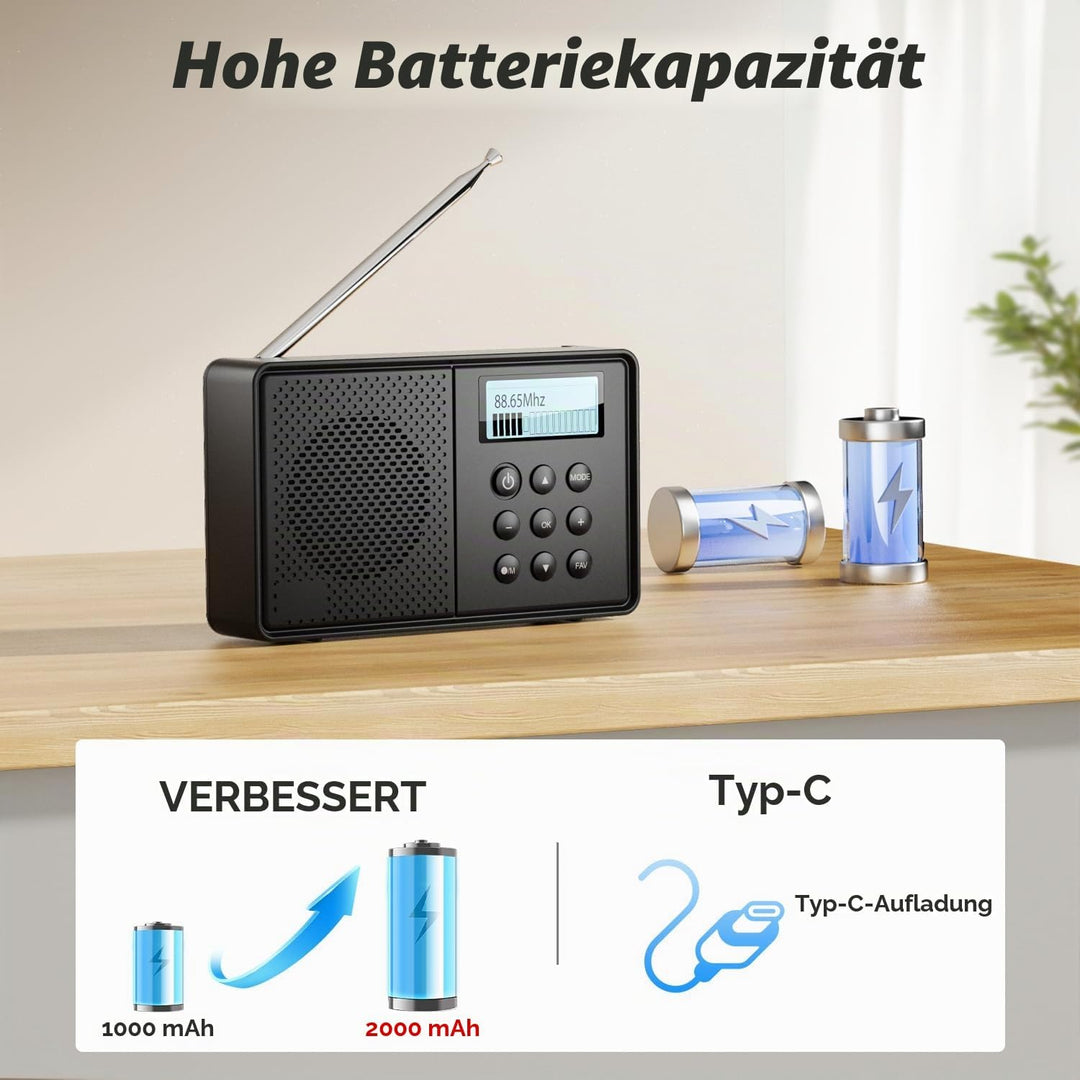 Arafuna DAB Plus Radio mit 40 Voreinstellungen, DAB Radio mit Bluetooth, 2200mAh Digitalradio, Dual