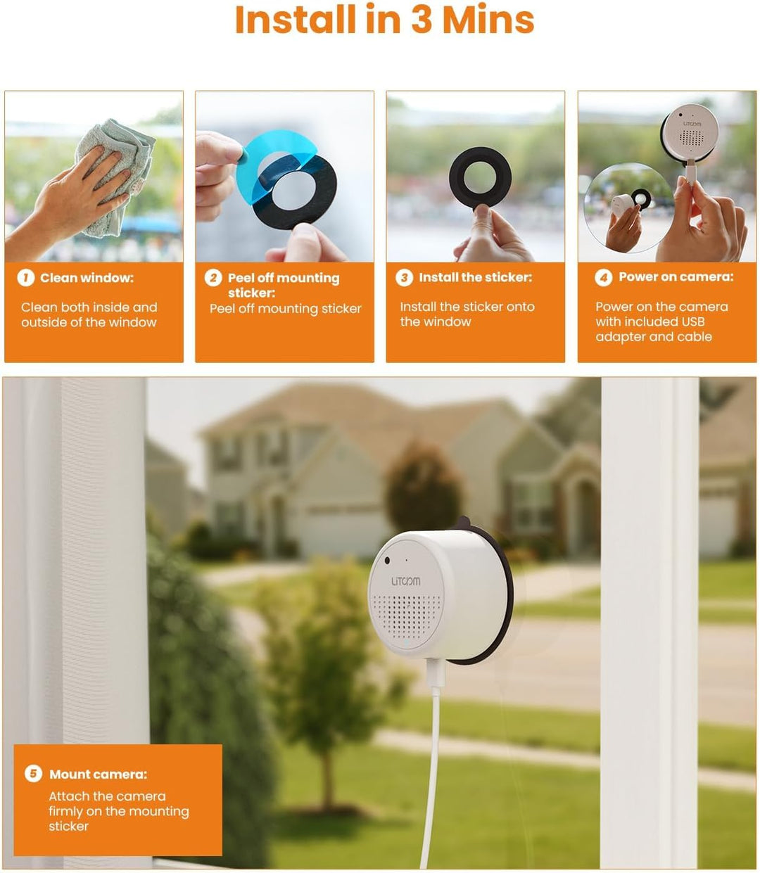 litokam Fensterkamera 2,4 GHz & 5 GHz Dual-Band, 3MP 2K Überwachungskamera Innen mit KI-Farbnachtsic
