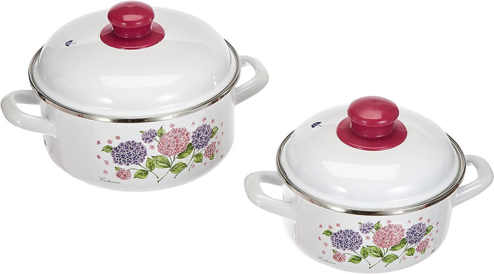 GSW 189965 Kochtopf-Set Hortensie 5-tlg, Stahl-Emaille, Kunststoff, weiss