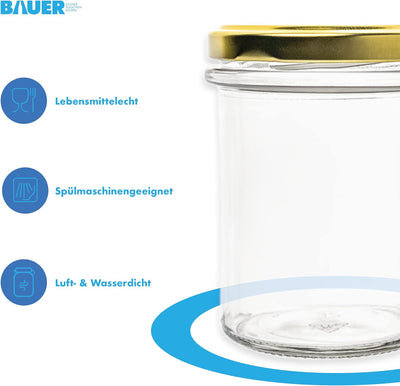 flaschenbauer.de 24er Set Sturzgläser 214 ml inkl. goldene Twist Off Deckel TO66 zum Einmachen von S