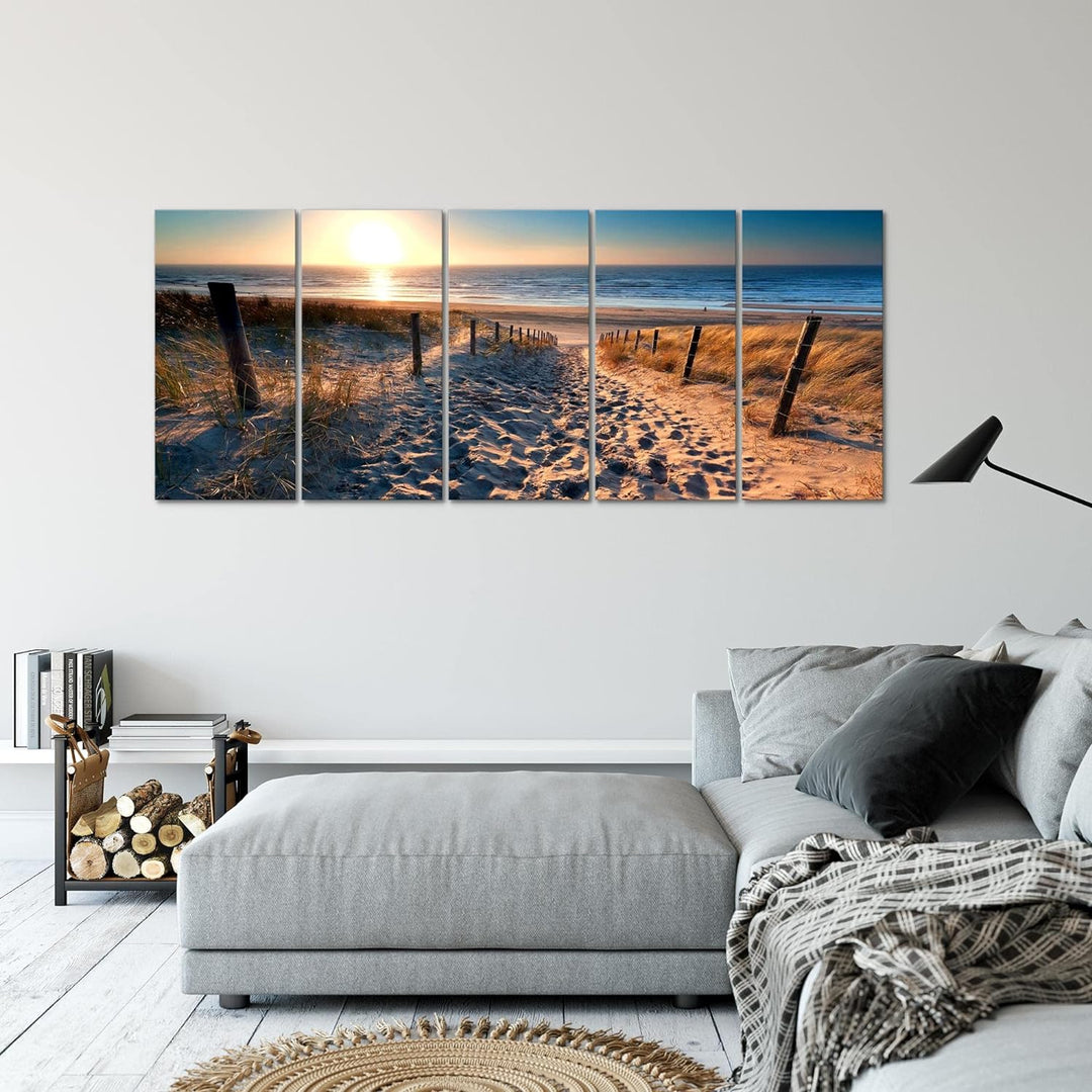 Runa Art Wandbild XXL Strand Sonnenuntergang Schlafzimmer Wohnzimmer 200 x 80 cm Beige Blau 5 Teilig