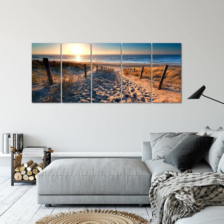 Runa Art Wandbild XXL Strand Sonnenuntergang Schlafzimmer Wohnzimmer 200 x 80 cm Beige Blau 5 Teilig