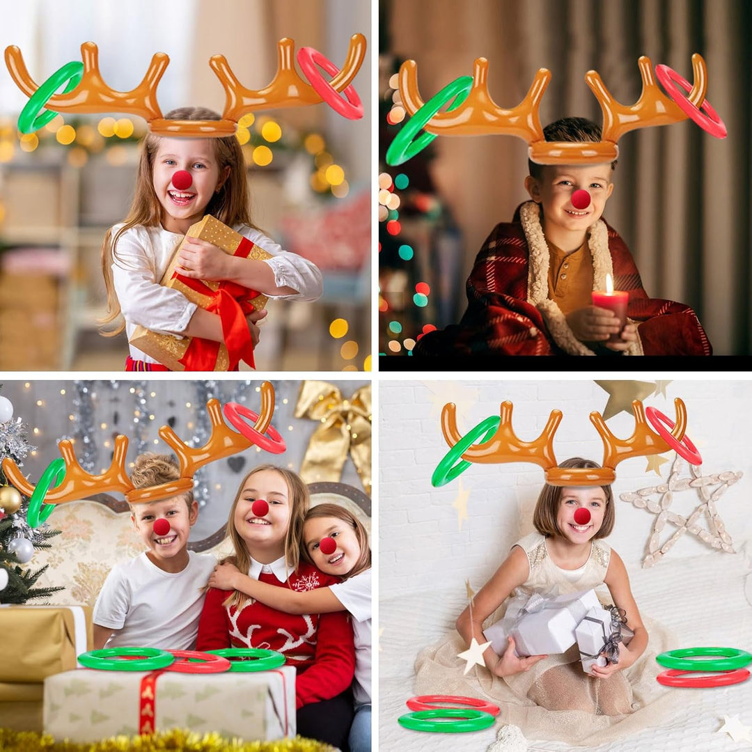 2 Set Aufblasbares Rentier, Rentiergeweih Aufblasbar, Kinder Ringwurfspiel, (2 Geweihe 8 Ringe 2 Clo