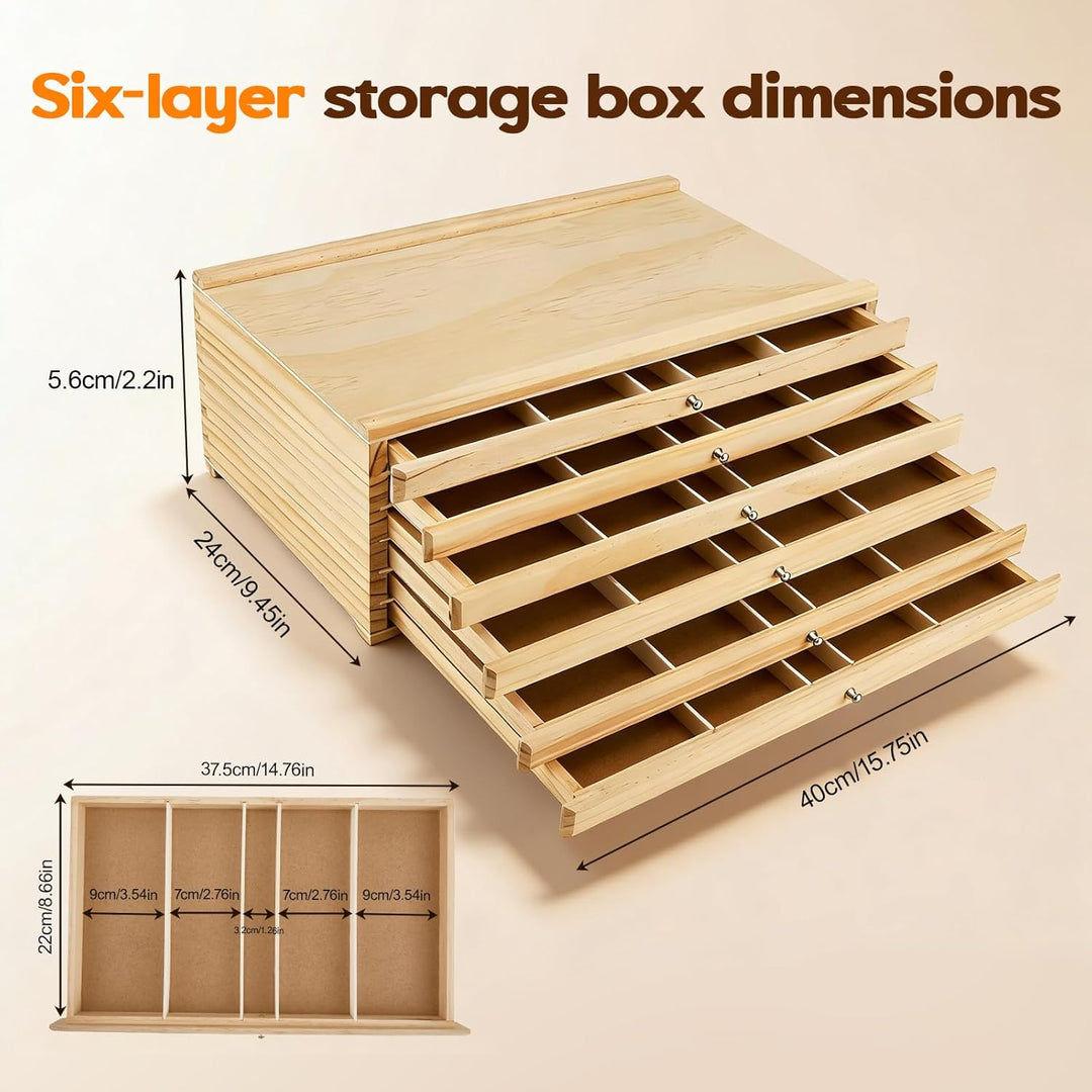 Schubladenbox Holz – 6 Schubladen Aufbewahrungsbox für Künstler, Stifte-Organizer aus Buchenholz mit