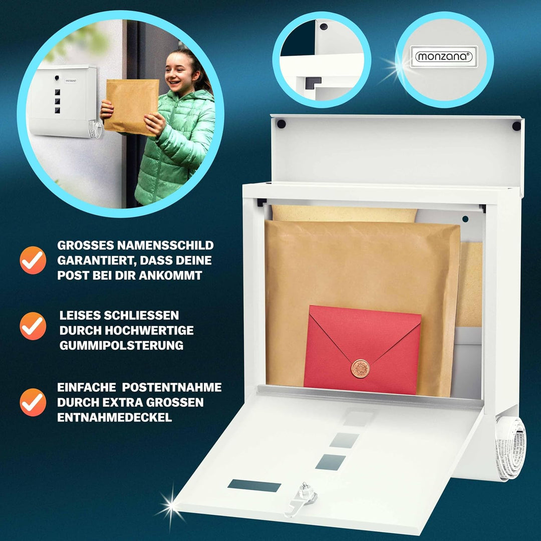 MONZANA® Design Briefkasten Stahl mit Zeitungsfach Sichtfenster Namensschild 2 Schlüssel Postkasten