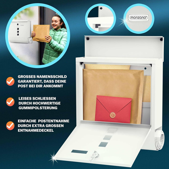 MONZANA® Design Briefkasten Stahl mit Zeitungsfach Sichtfenster Namensschild 2 Schlüssel Postkasten