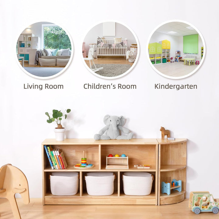 OOOK Gummiholz Kinderregal Spielzeugschrank, Bücherregal mit 2 grossen Fächern und 3 kleinen Fächern