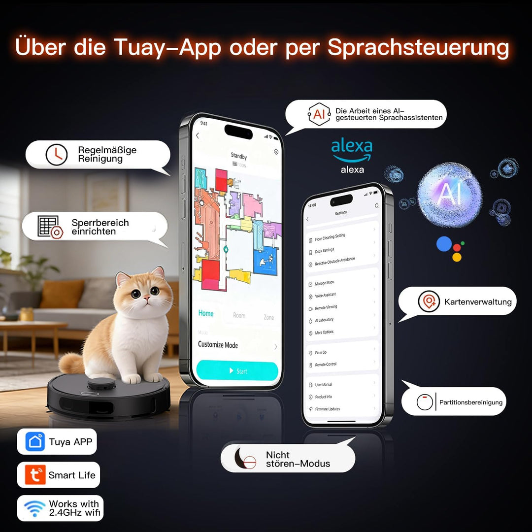 Saugroboter mit Wischfunktion, 8000Pa 200Min 70-Tage Freihändig Staubsauger Roboter mit Absaugstatio