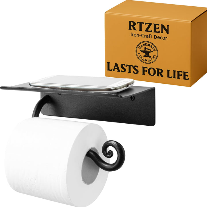 RTZEN Toilettenpapierhalter aus Schmiedeeisen mit Ablage | Schwarz verrottetes Metall TP-Rollenaufhä