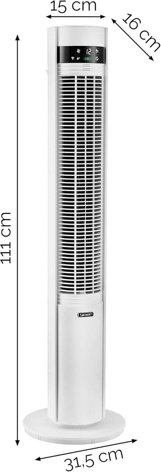 YOER 19dB Leiser Turmventilator, Plasma-Ionisator, 12 m Reichweite, 12 Geschwindigstufen, 3 Modi, 12