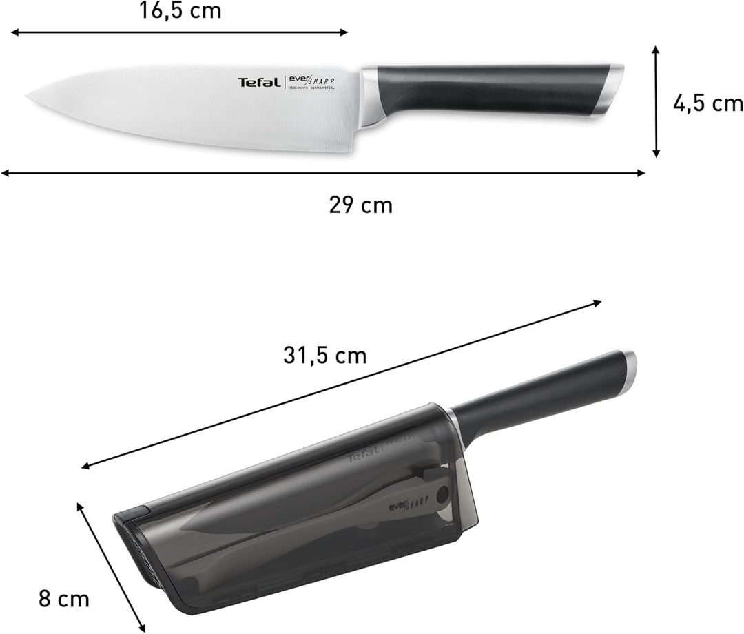 Tefal Ever Sharp Kochmesser, 16,5 cm, integrierter Messerschärfer in der Hülle, Scheibe, schneidet u