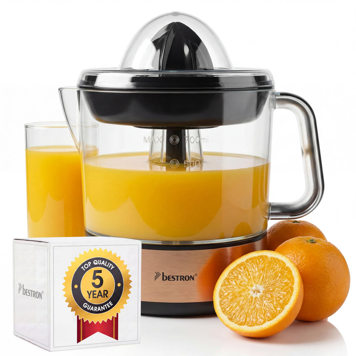 Bestron elektrische Zitrus- & Orangenpresse, inkl. 2 Presskegel und Aromadeckel, Motor mit zwei Dreh