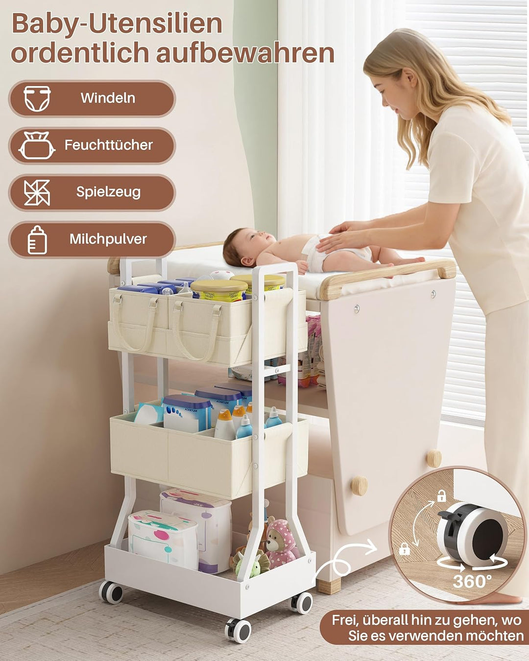 Wickeltisch Organizer, 3 Etagen Wickeltisch Rollwagen mit Abnehmbar Wickelkorb, 2 in1 Baby-Windelwag