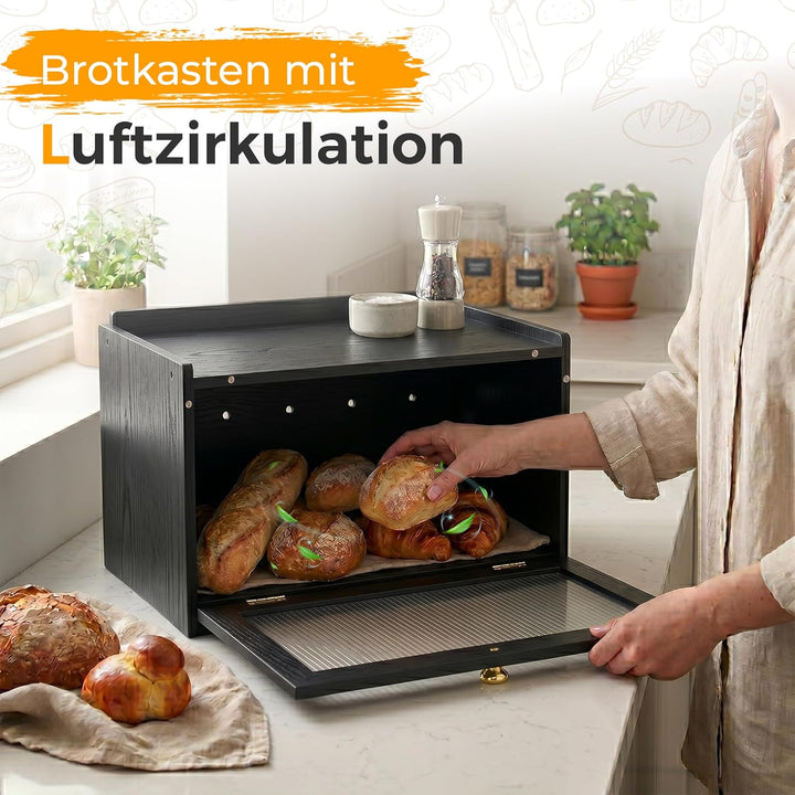 AH® Bambus Brotkasten holz mit Schneidebrett, Holz Brotkästen mit Belüftung- Elegant brotbox küche z