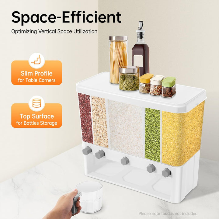 Food Rice Dispenser, 5-Grid 10kg Cereal Storage Container Küche Wall Mount Dry Food Dispenser Weiss