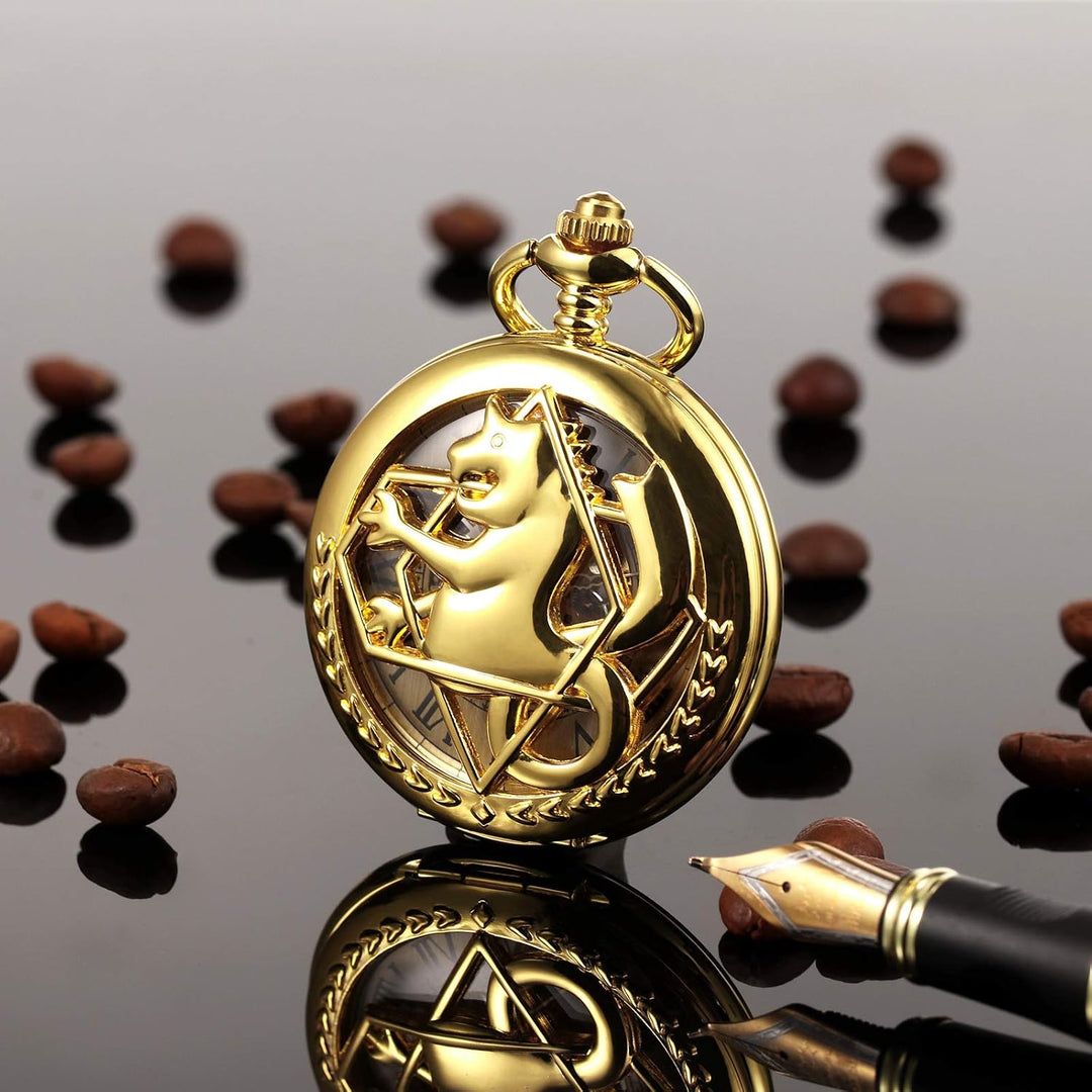 TREEWETO Unisex Taschenuhr Mechanisch Doppelter Abdeckung Fullmetal Alchemist Skelett Steampunk Für