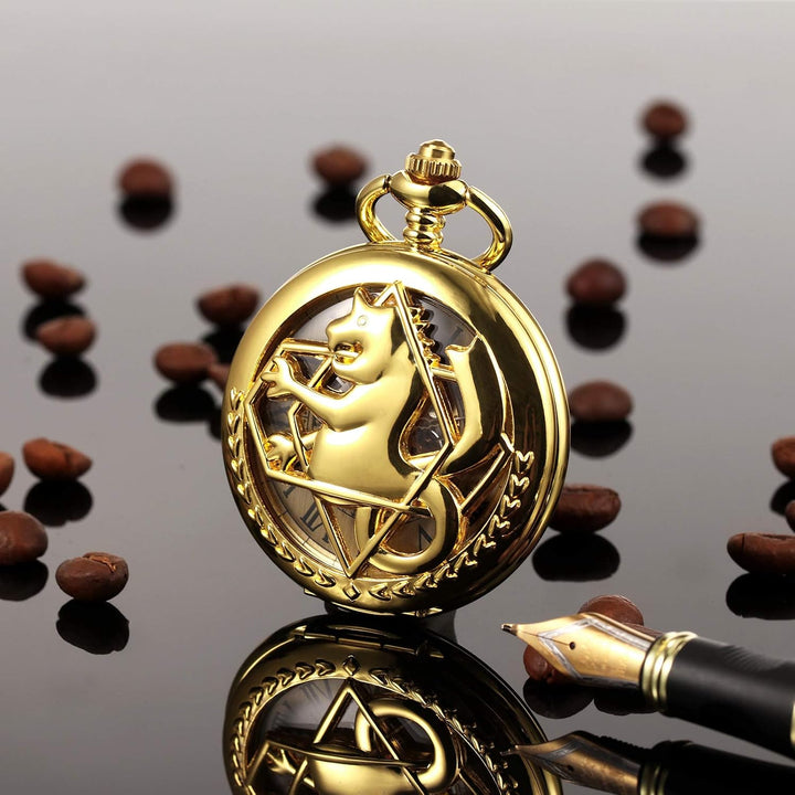 TREEWETO Unisex Taschenuhr Mechanisch Doppelter Abdeckung Fullmetal Alchemist Skelett Steampunk Für