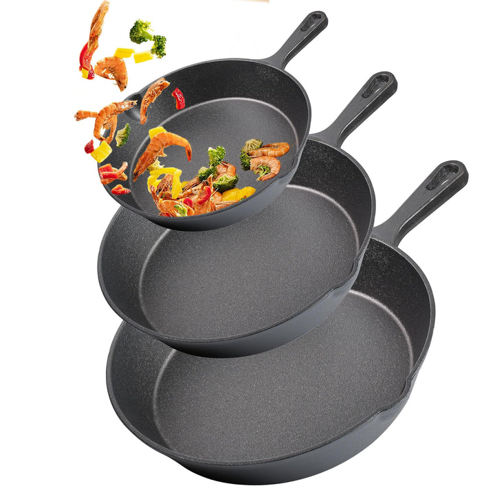 vivicreate Gusseisen-Pfannen-Set, vorgebrannt, 6/8/10 Zoll, Schwarz, 3-teilig