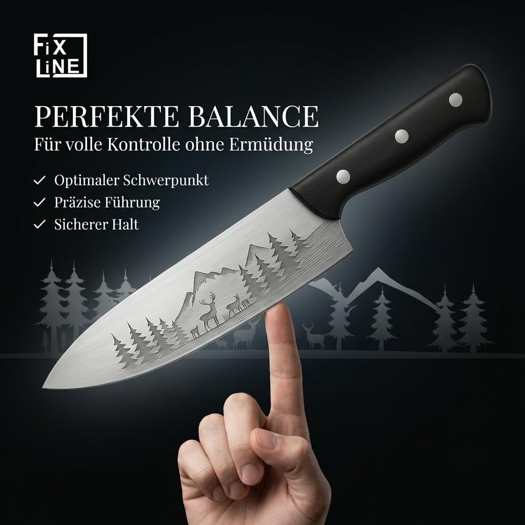 FIXLINE® Chefmesser 20cm BLACK FOREST Edition – Starkes Allround-Kochmesser - rasiermesserscharf - r