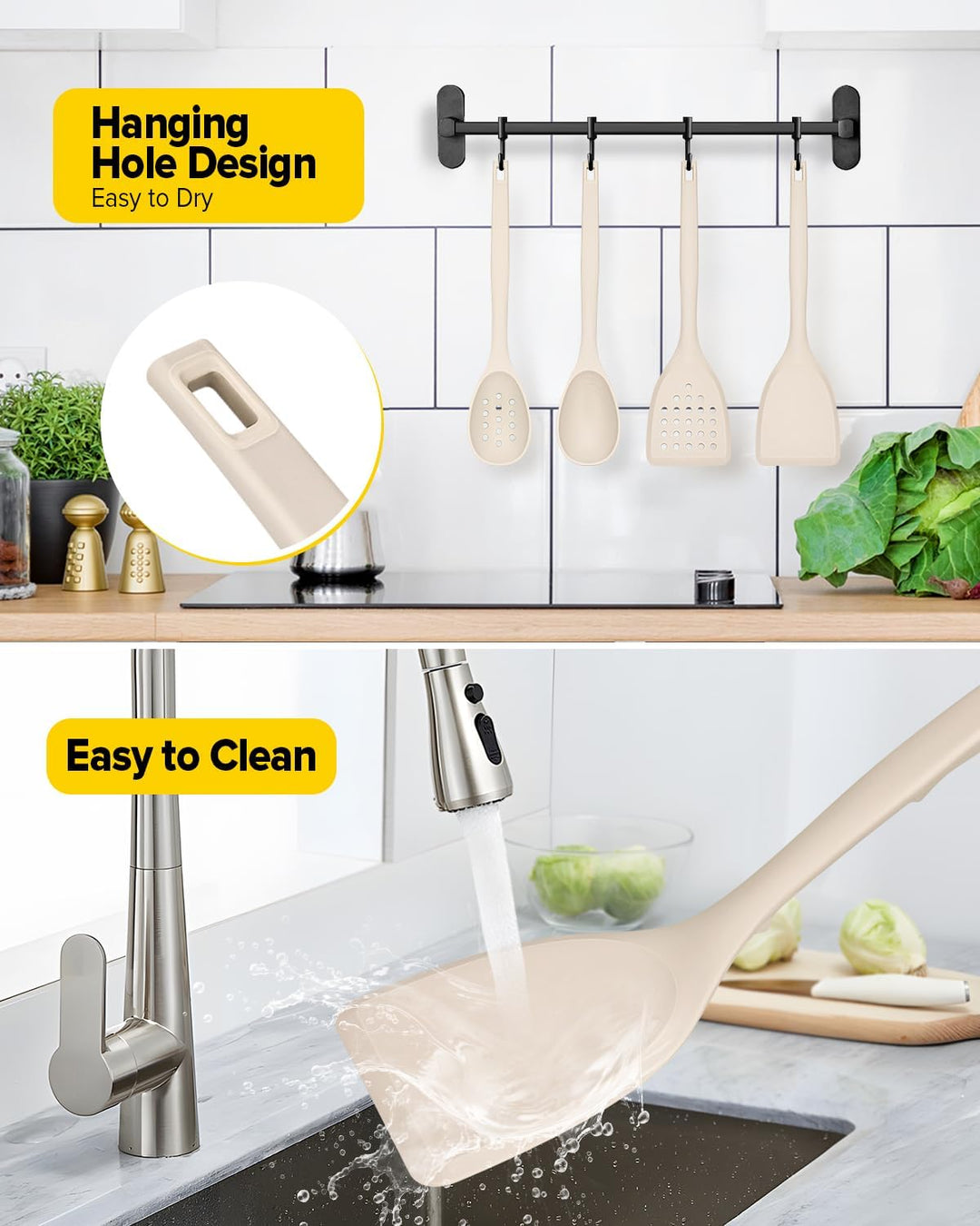 Packung von 4 Silikon Kochgeräte Set, Non-Stick-Festspalten und hitzebeständige Schlitzlöffel mit Rü