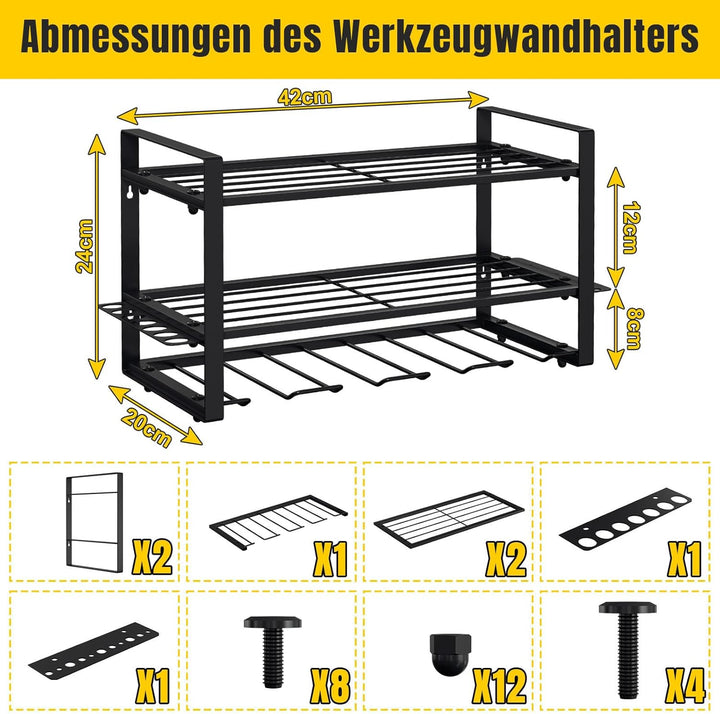 Werkzeug Wandhalterung für 4 Elektrowerkzeug, Werkzeugspeicher Werkzeugregal, 3 Ebenen Werkzeugständ