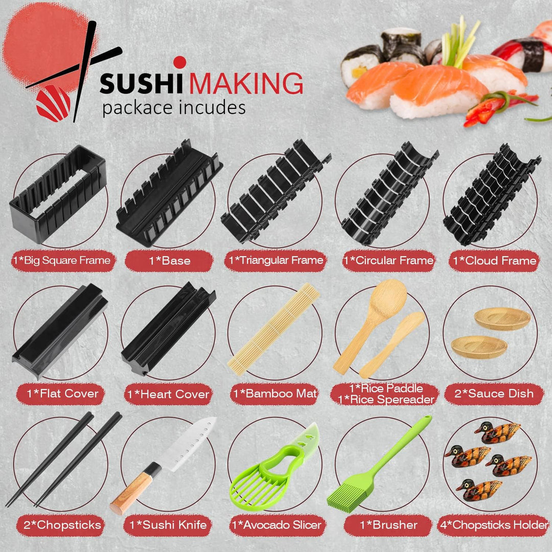 MLRYH Sushi Making Kit Sushi Maker 20 Stück DIY Set Bambusmatten,Essstäbchen, Avocadoschneider, Padd