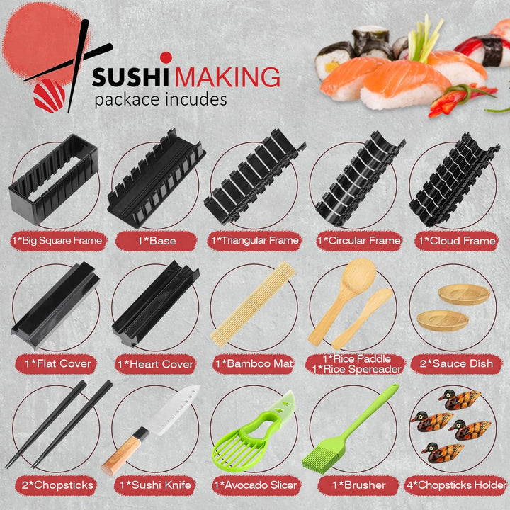 MLRYH Sushi Making Kit Sushi Maker 20 Stück DIY Set Bambusmatten,Essstäbchen, Avocadoschneider, Padd