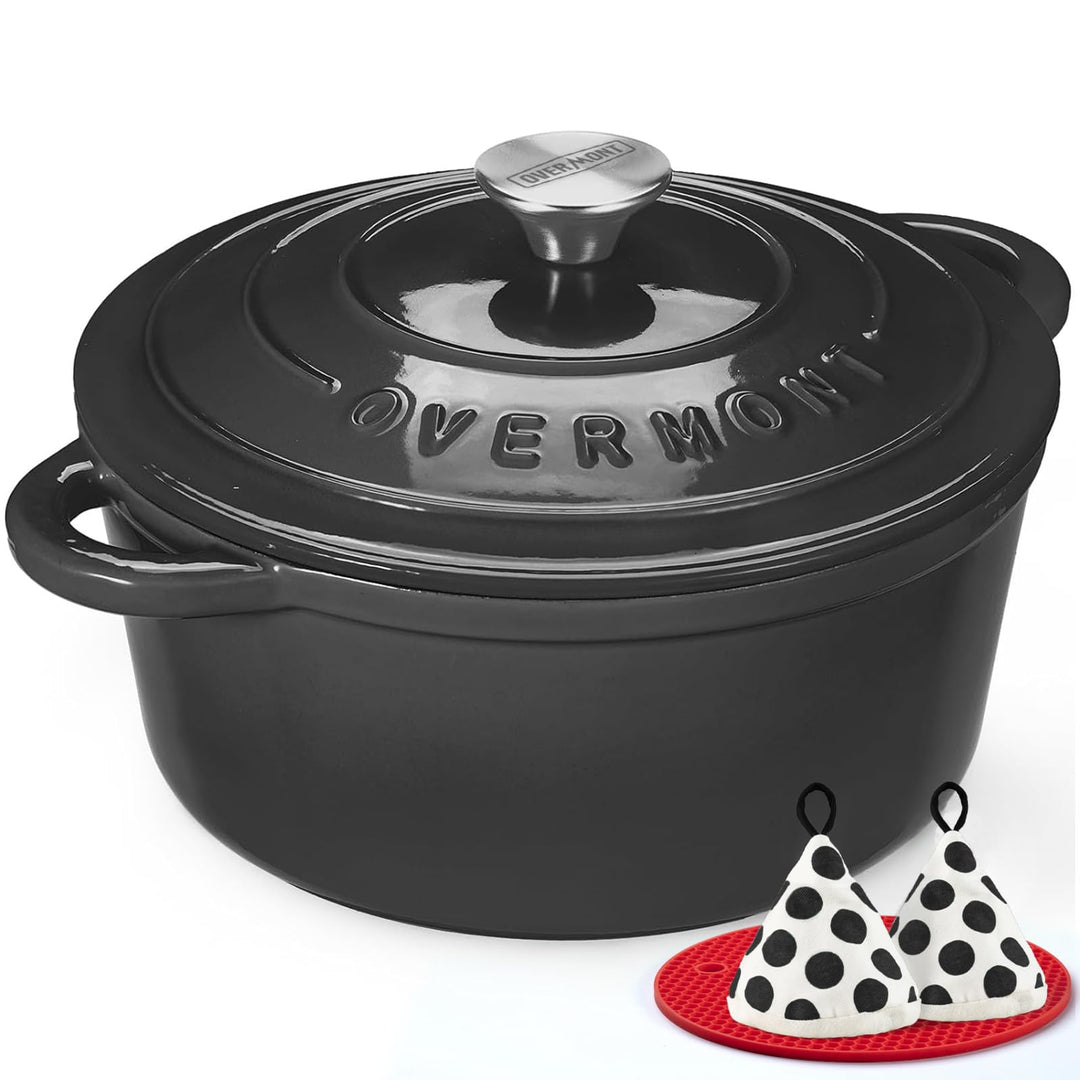 Overmont Bräter emaille Gusseisen Topf - Schmortopf 24cm backofengeeignet - mit Deckel und Kochbuch