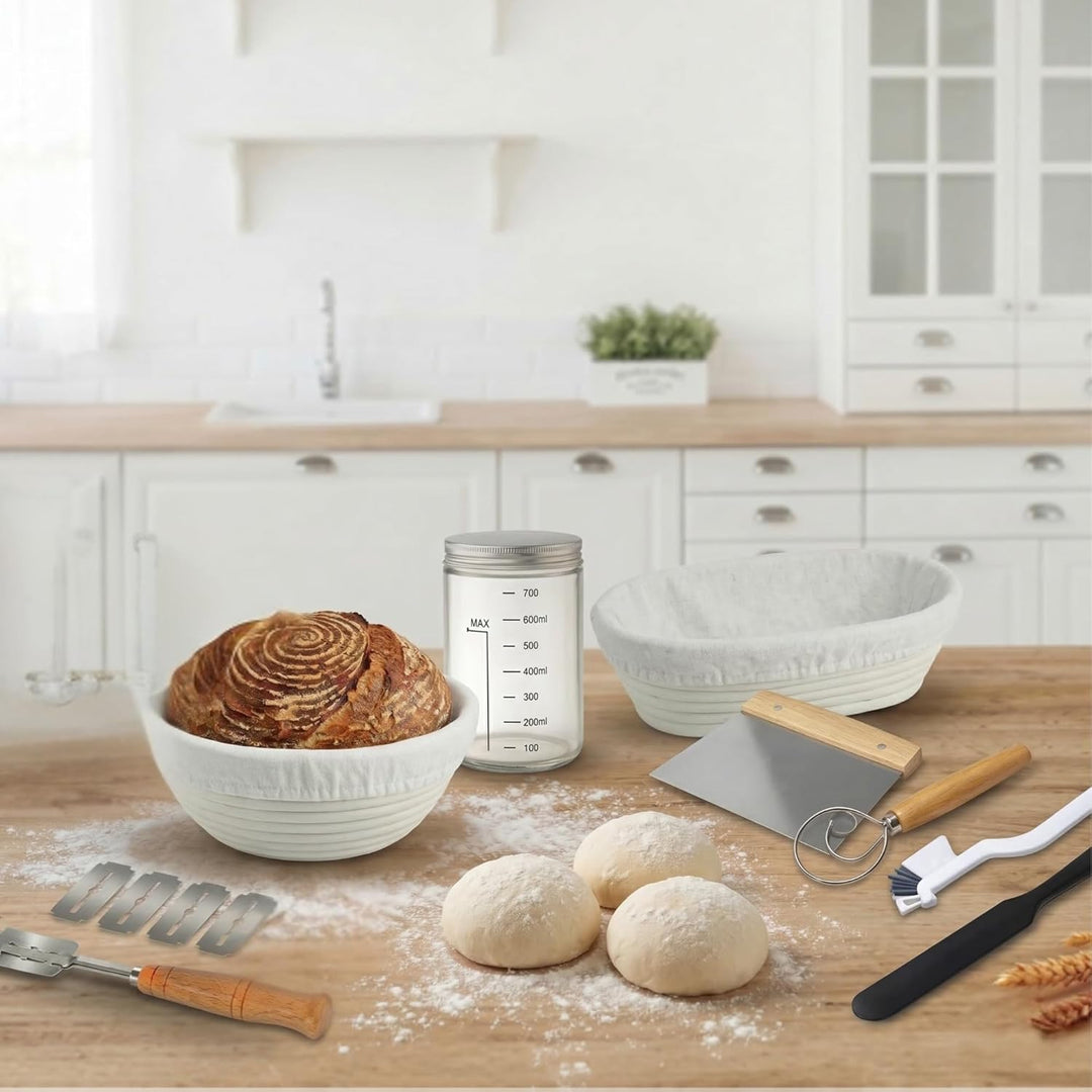 Sauerteig Starter Set 8-Teilig mit Gärkörbchen Rund und Oval, Gärkorb Glasgefäss und Brot Backen Zub
