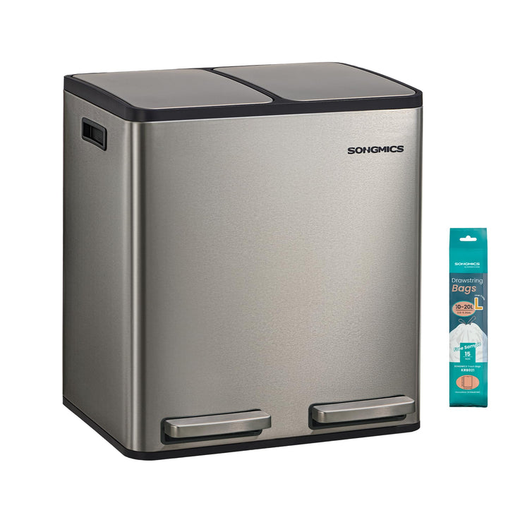 SONGMICS Mülleimer Küche, 2 x 15 L, Mülltrennsystem 2 Fächer, Abfalleimer mit 15 Müllbeuteln, Tretmü