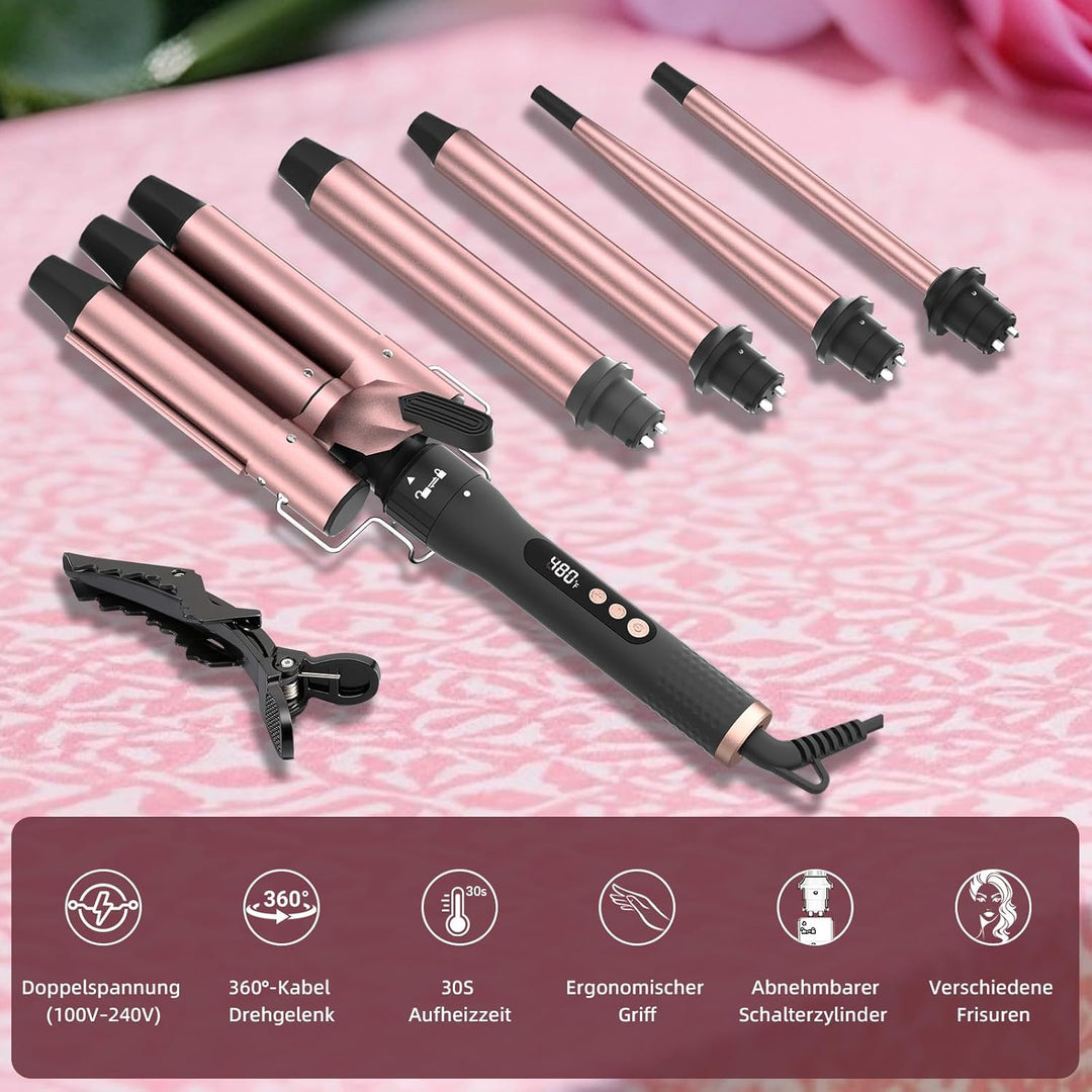 iToncs 5-in-1 Lockenstab-Set, 3 Fässer Welleneisen mit auswechselbarem Keramik-Lockenstab, Geeignet