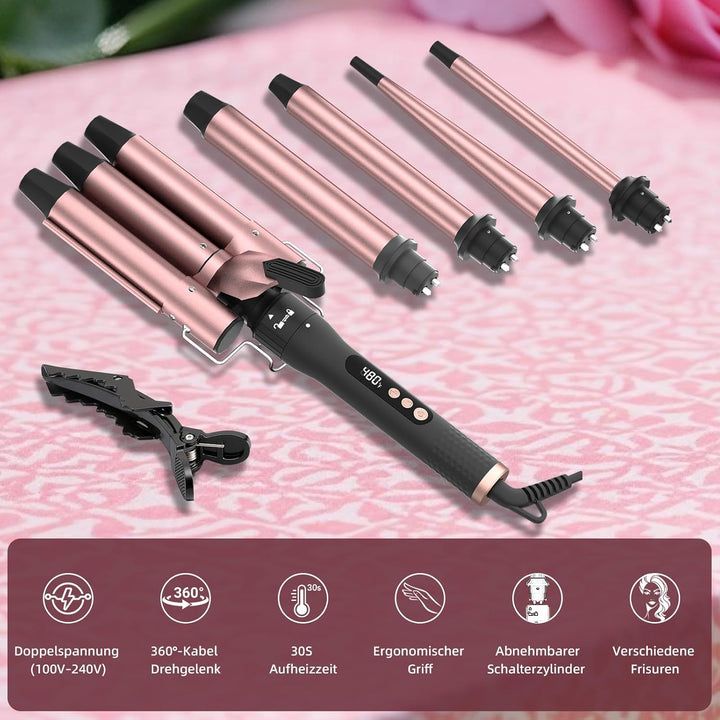 iToncs 5-in-1 Lockenstab-Set, 3 Fässer Welleneisen mit auswechselbarem Keramik-Lockenstab, Geeignet