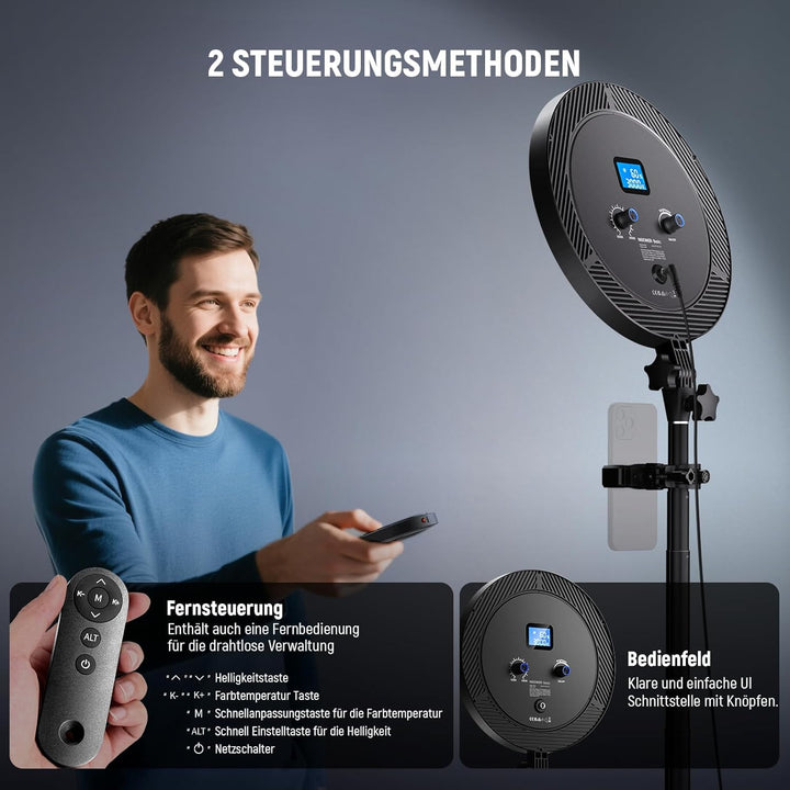 NEEWER Basics 12" 24W Grosses Ringlicht mit 173cm Stativ, Handyhalter & Fernbedienung kompatibel mit