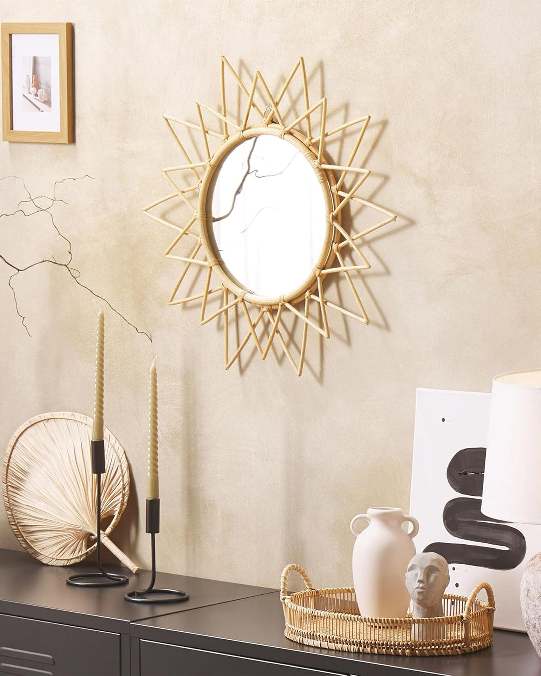 Origineller Wandspiegel natürlich aus Rattan in Sonnenform rund Boho 61 cm Aroek