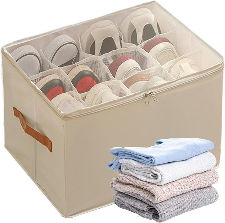 Schuh-Organizer-Box, transparenter Griff, 42 x 32 x 30 cm, platzsparend, faltbar, verstellbare Trenn