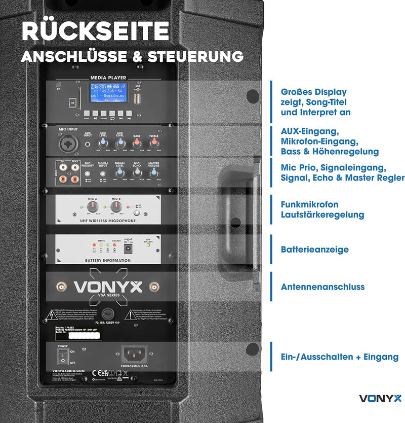 Vonyx VSA500 Partybox 800W Mobile PA Anlage Komplettset, Bluetooth Lautsprecher gross mit Akku, inkl