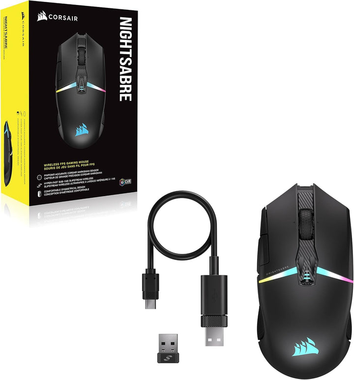 Corsair NIGHTSABRE RGB Wireless Gaming-Maus Für FPS, MOBA - 26.000 DPI - 11 Programmierbare Tasten -